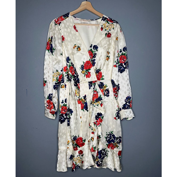Tory Burch Floral Print Belted Satin Wrap Dress in Ivory Tea Rose Size 6 - Picture 2 of 10